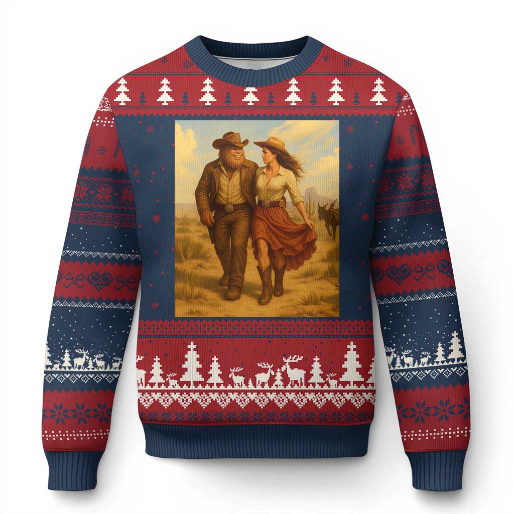 Cowboy Bigfoot Ugly Christmas Sweater Funny Sasquatch Dancing Cowgirl Western Country TS14 Navy Red Print Your Wear