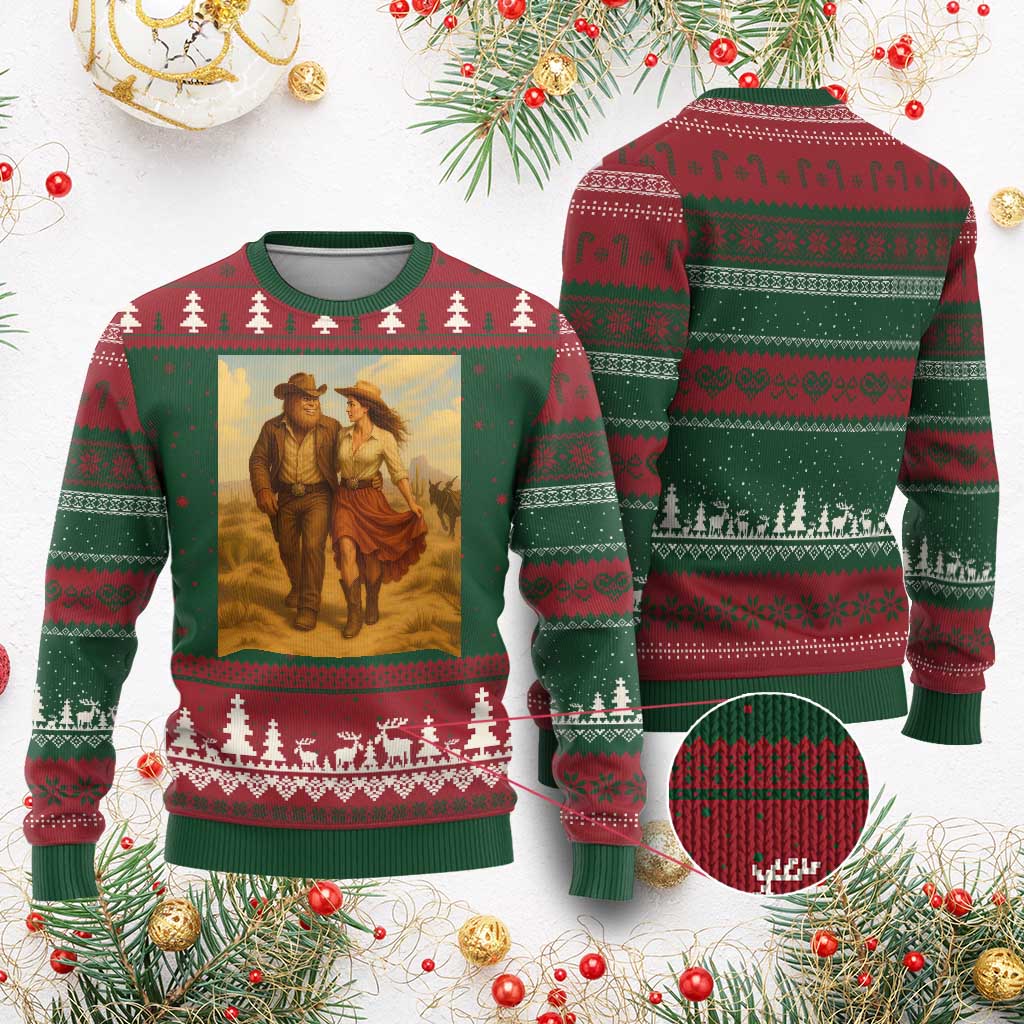 Cowboy Bigfoot Ugly Christmas Sweater Funny Sasquatch Dancing Cowgirl Western Country TS14 Red Green Print Your Wear