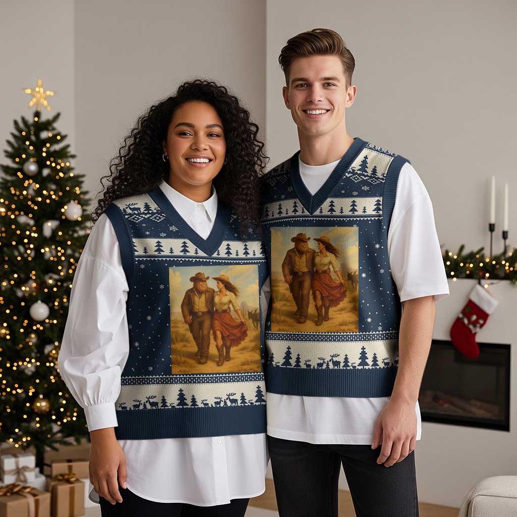 Cowboy Bigfoot V-Neck Knit Sweater Vest Funny Sasquatch Dancing Cowgirl Western Country TS14 Navy Beige Print Your Wear