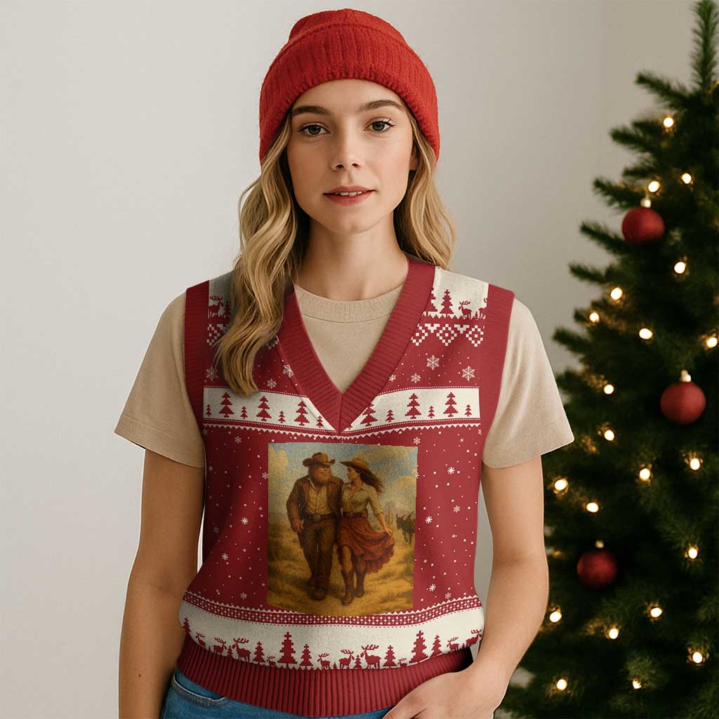 Cowboy Bigfoot V-Neck Knit Sweater Vest Funny Sasquatch Dancing Cowgirl Western Country TS14 Red Beige Print Your Wear