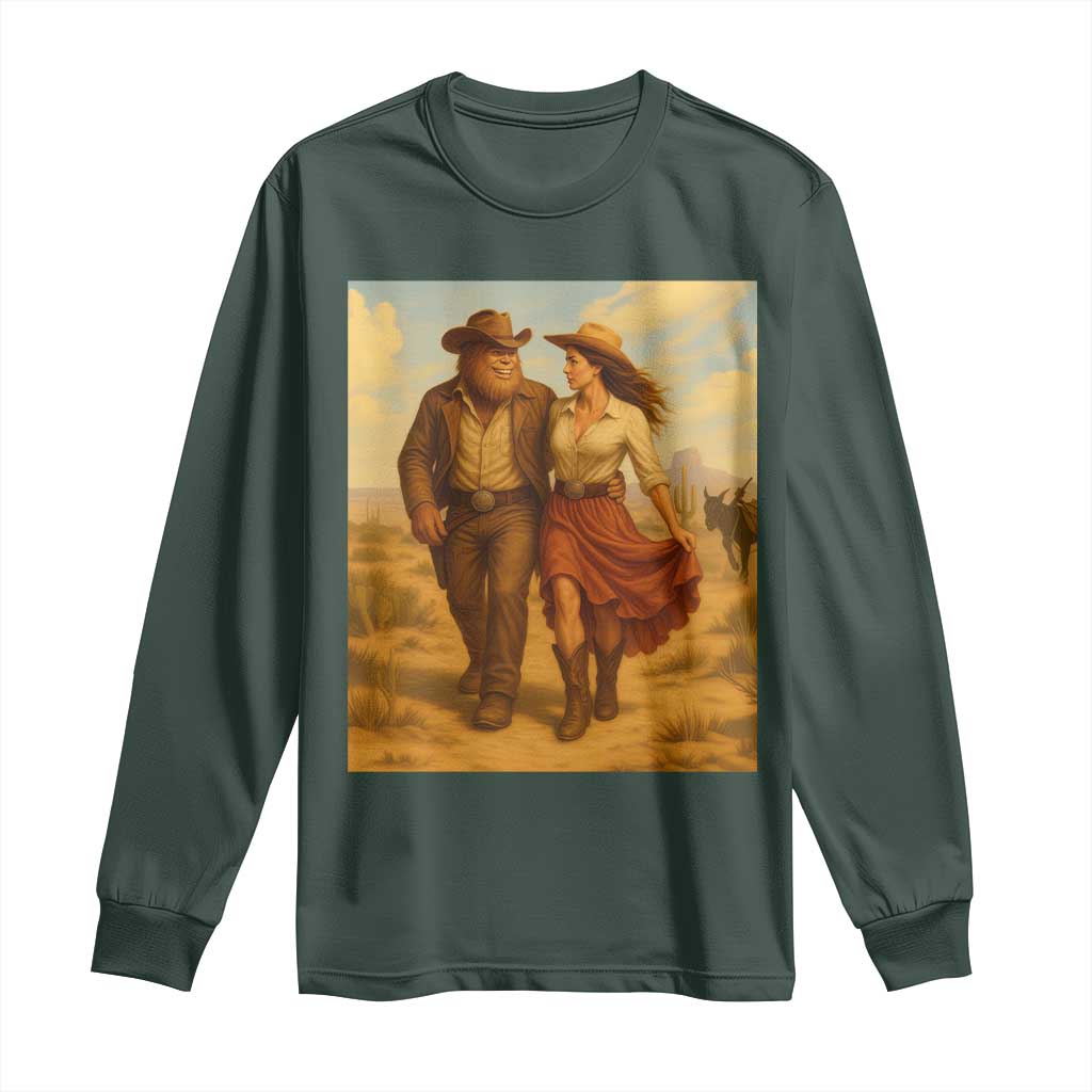 Cowboy Bigfoot Long Sleeve Shirt Funny Sasquatch Dancing Cowgirl Western Country TS14 Dark Forest Green Print Your Wear