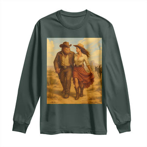 Cowboy Bigfoot Long Sleeve Shirt Funny Sasquatch Dancing Cowgirl Western Country TS14 Dark Forest Green Print Your Wear