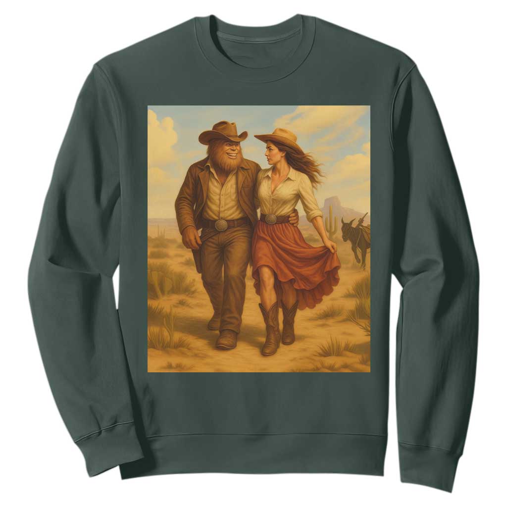 Cowboy Bigfoot Sweatshirt Funny Sasquatch Dancing Cowgirl Western Country TS14 Dark Forest Green Print Your Wear