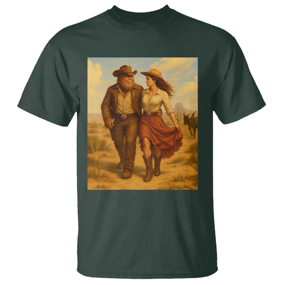 Cowboy Bigfoot T Shirt Funny Sasquatch Dancing Cowgirl Western Country TS14 Dark Forest Green Print Your Wear