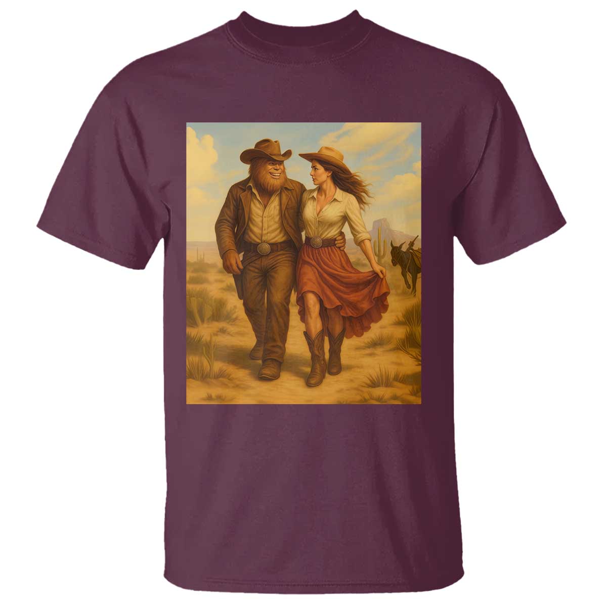Cowboy Bigfoot T Shirt Funny Sasquatch Dancing Cowgirl Western Country TS14 Maroon Print Your Wear
