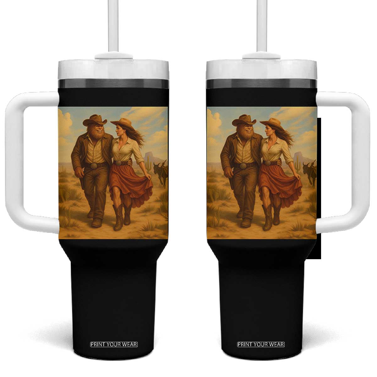 Cowboy Bigfoot Tumbler With Handle Funny Sasquatch Dancing Cowgirl Western Country TS14 One Size: 40 oz Black Print Your Wear