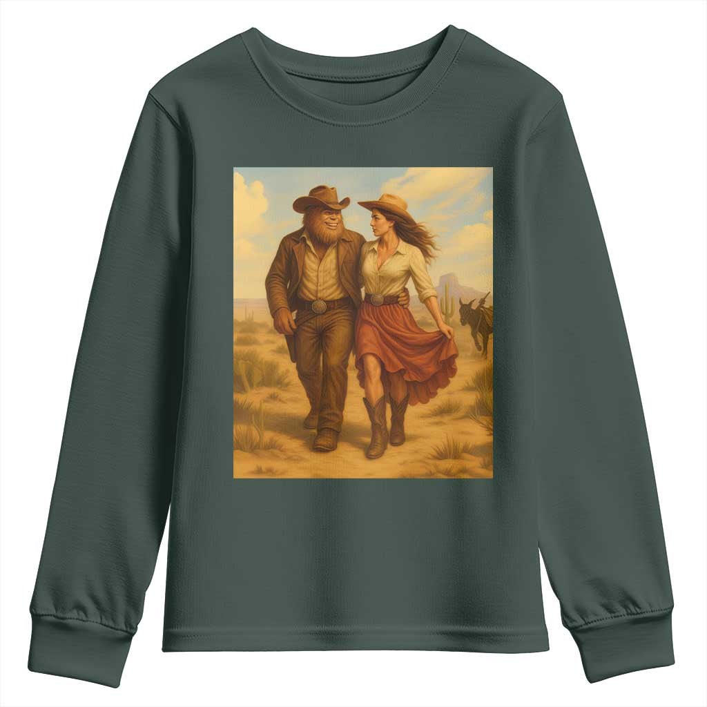 Cowboy Bigfoot Youth Sweatshirt Funny Sasquatch Dancing Cowgirl Western Country TS14 Dark Forest Green Print Your Wear