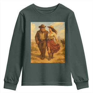 Cowboy Bigfoot Youth Sweatshirt Funny Sasquatch Dancing Cowgirl Western Country TS14 Dark Forest Green Print Your Wear