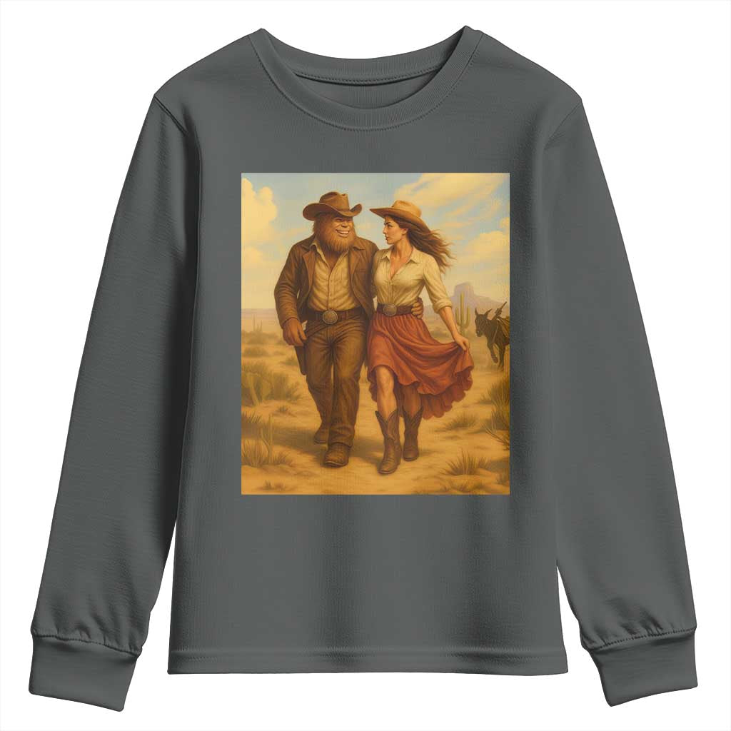 Cowboy Bigfoot Youth Sweatshirt Funny Sasquatch Dancing Cowgirl Western Country TS14 Dark Heather Print Your Wear