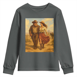 Cowboy Bigfoot Youth Sweatshirt Funny Sasquatch Dancing Cowgirl Western Country TS14 Dark Heather Print Your Wear