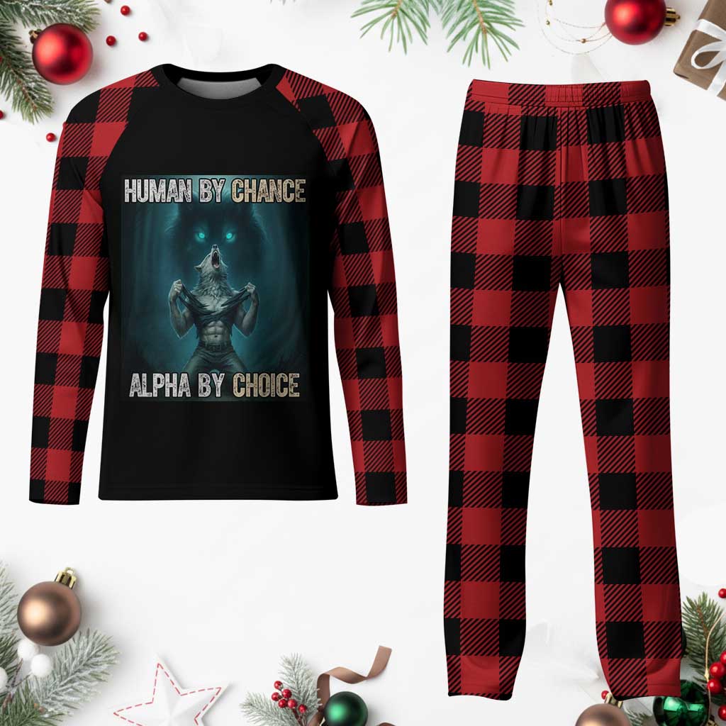 Funny Alpha Wolf Meme Plaid Pajama Set Human By Chance Alpha By Choice - Print Your Wear