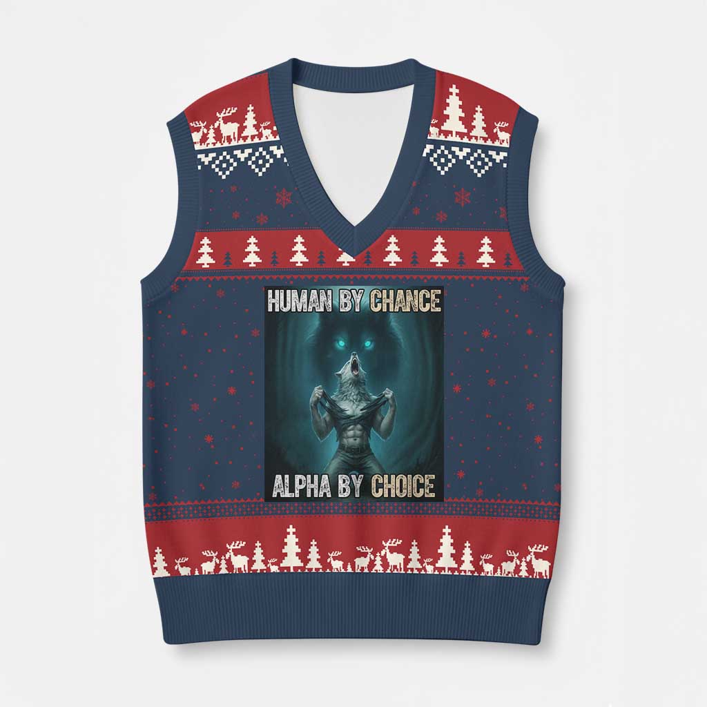 Funny Alpha Wolf Meme V-Neck Knit Sweater Vest Human By Chance Alpha By Choice TS14 Navy Red Print Your Wear