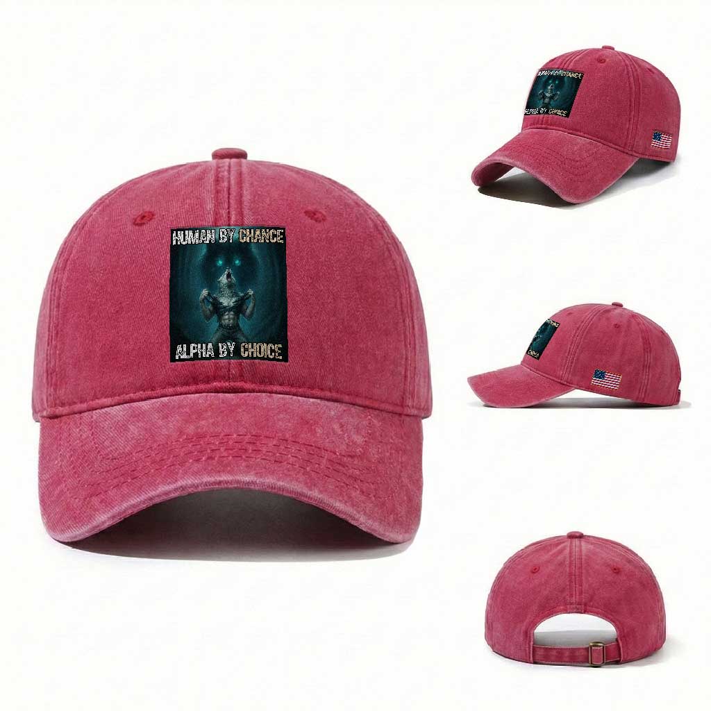 Funny Alpha Wolf Meme Washed Cotton Baseball Cap Human By Chance Alpha By Choice TS14 Washed Cap Universal Fit Red Print Your Wear