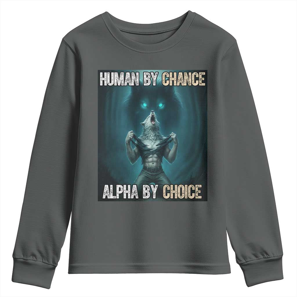 Funny Alpha Wolf Meme Youth Sweatshirt Human By Chance Alpha By Choice TS14 Dark Heather Print Your Wear