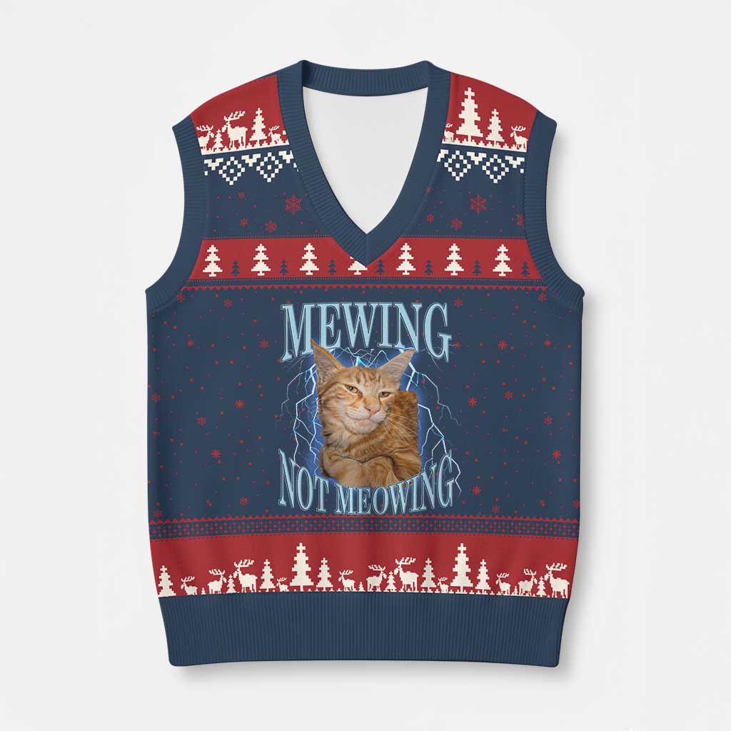 Mewing Not Meowing V-Neck Knit Sweater Vest Funny Cat Meme TS14 Navy Red Print Your Wear