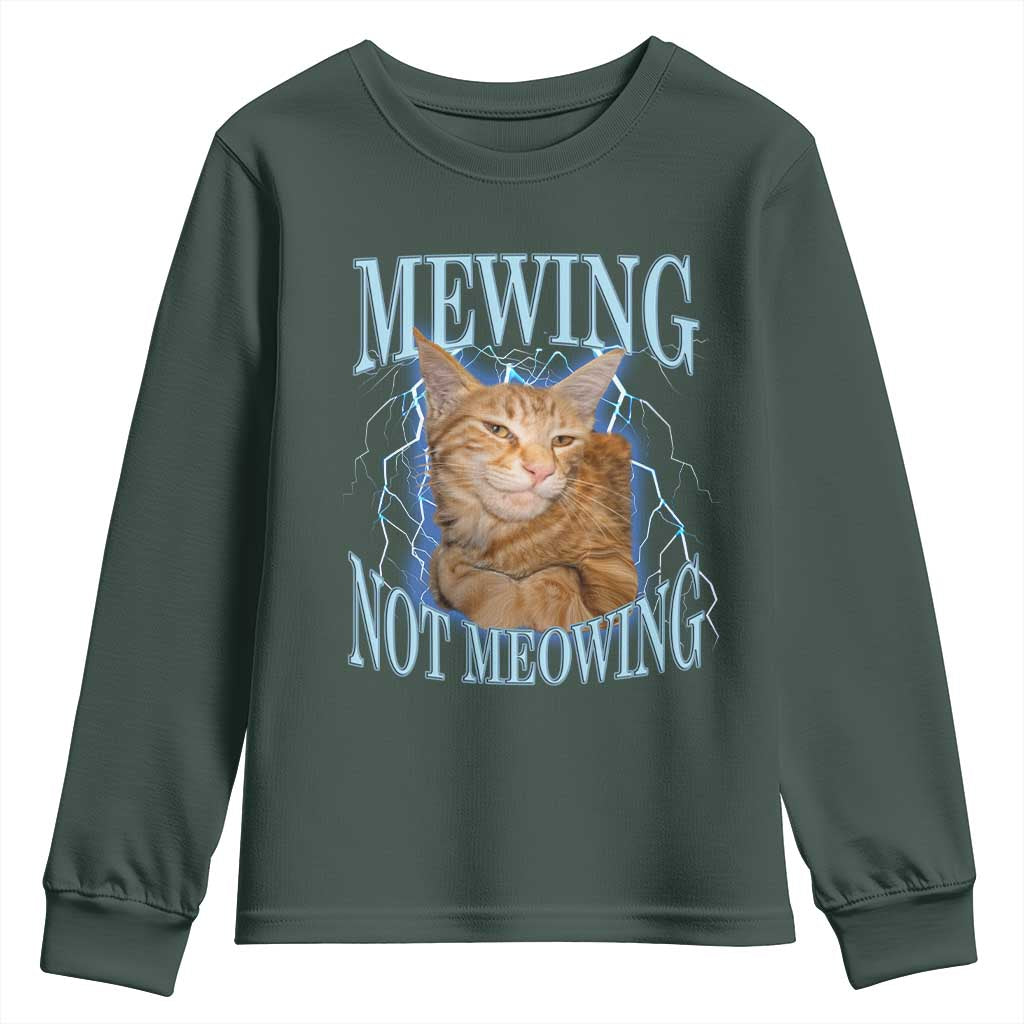 Mewing Not Meowing Youth Sweatshirt Funny Cat Meme TS14 Dark Forest Green Print Your Wear