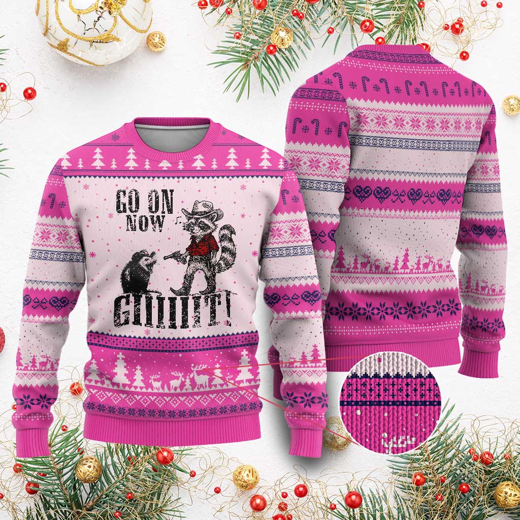 Funny Cowboy Raccoon Opossum Ugly Christmas Sweater Go On Now Git TS14 Hot Pink Print Your Wear