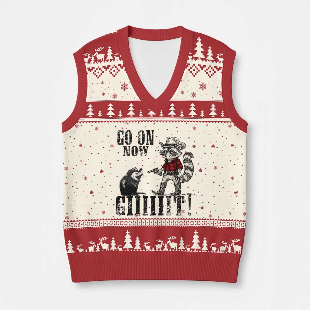 Funny Cowboy Raccoon Opossum V-Neck Knit Sweater Vest Go On Now Git TS14 Beige Red Print Your Wear