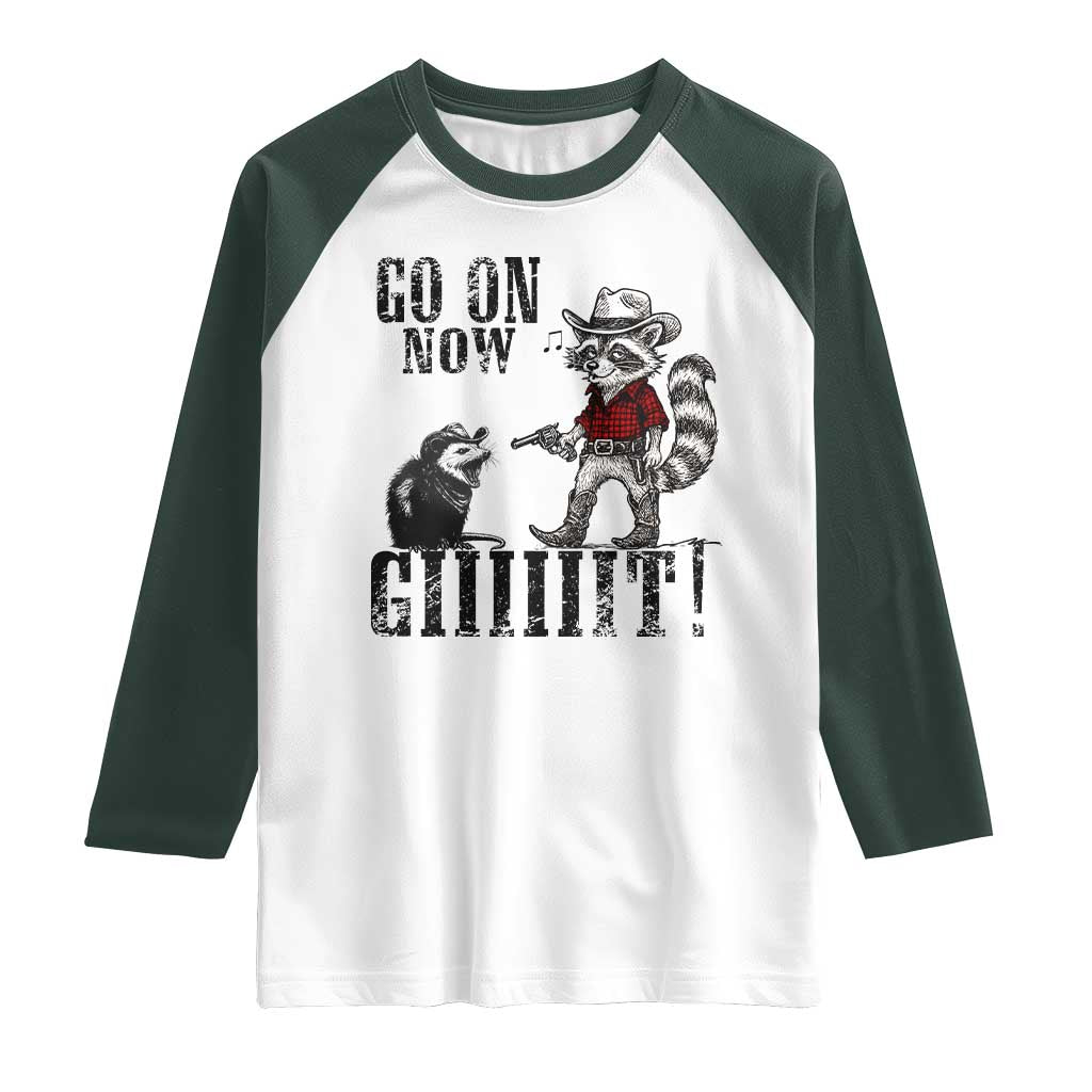 Funny Cowboy Raccoon Opossum Raglan Shirt Go On Now Git TS14 White Dark Forest Green Print Your Wear