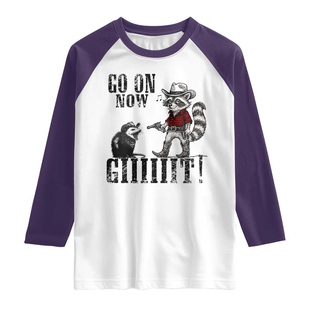 Funny Cowboy Raccoon Opossum Raglan Shirt Go On Now Git TS14 White Purple Print Your Wear