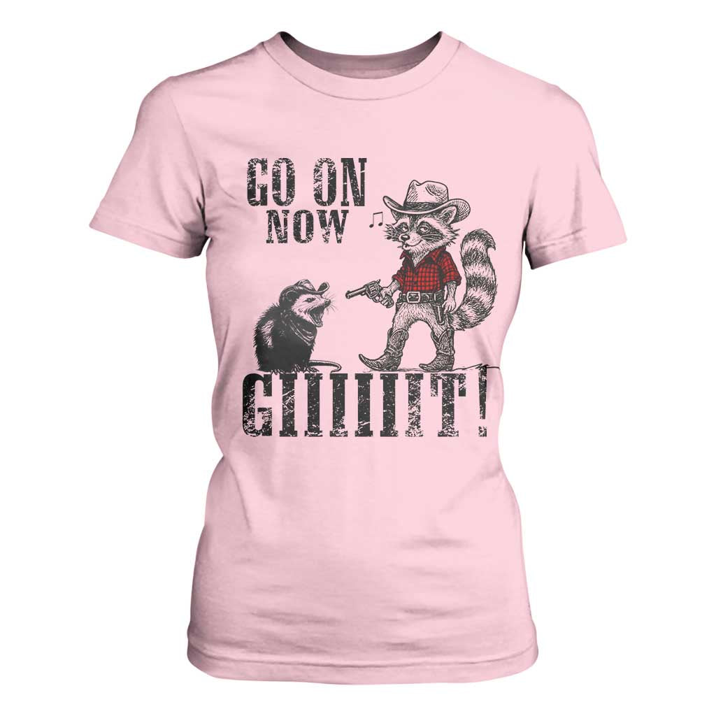 Funny Cowboy Raccoon Opossum T Shirt For Women Go On Now Git TS14 Light Pink Print Your Wear