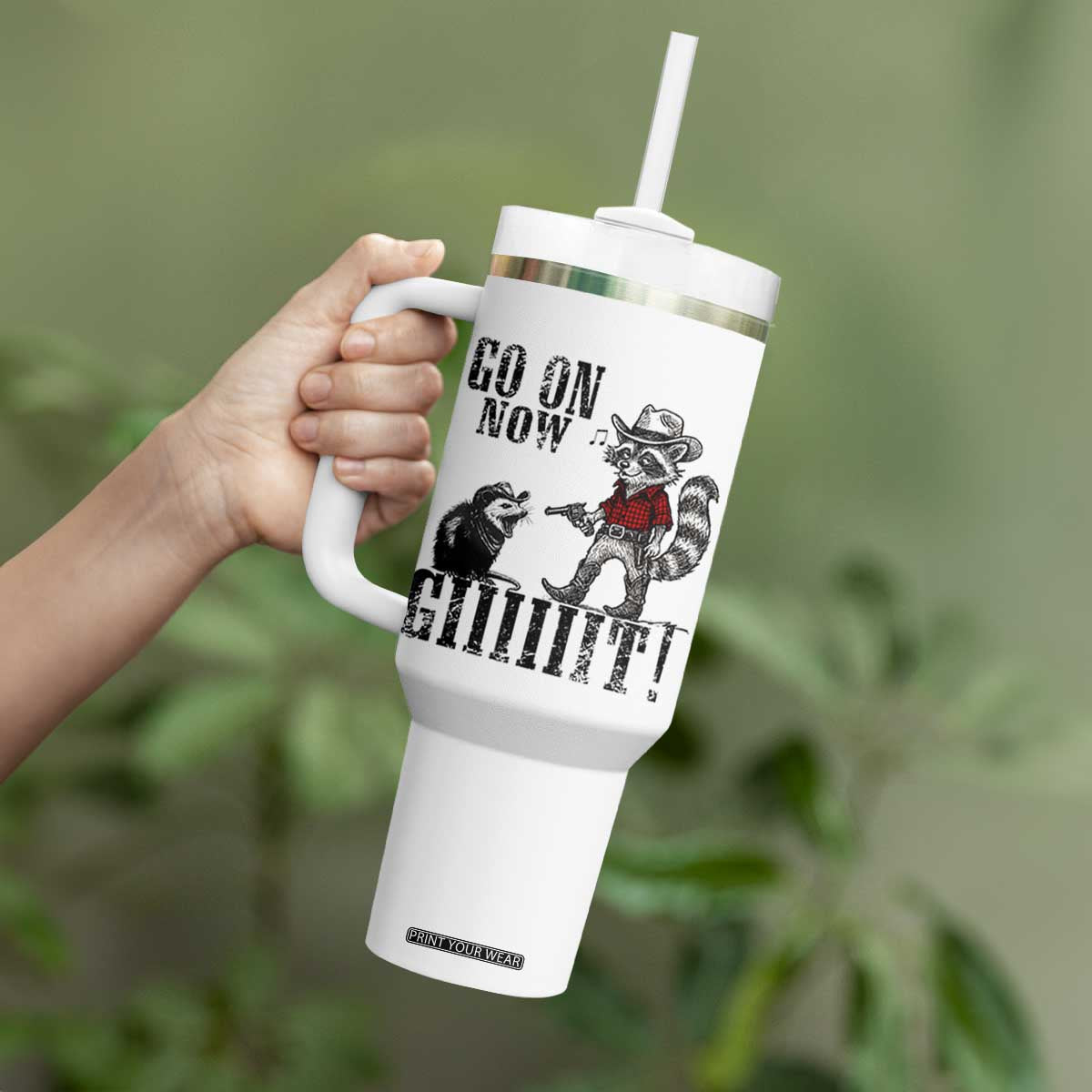 Funny Cowboy Raccoon Opossum Tumbler With Handle Go On Now Git TS14 Print Your Wear