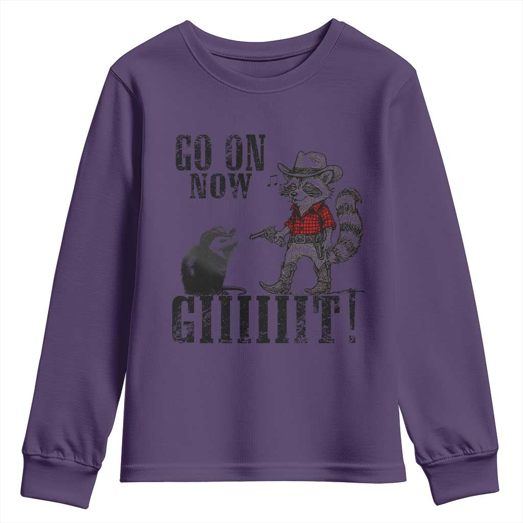 Funny Cowboy Raccoon Opossum Youth Sweatshirt Go On Now Git TS14 Purple Print Your Wear