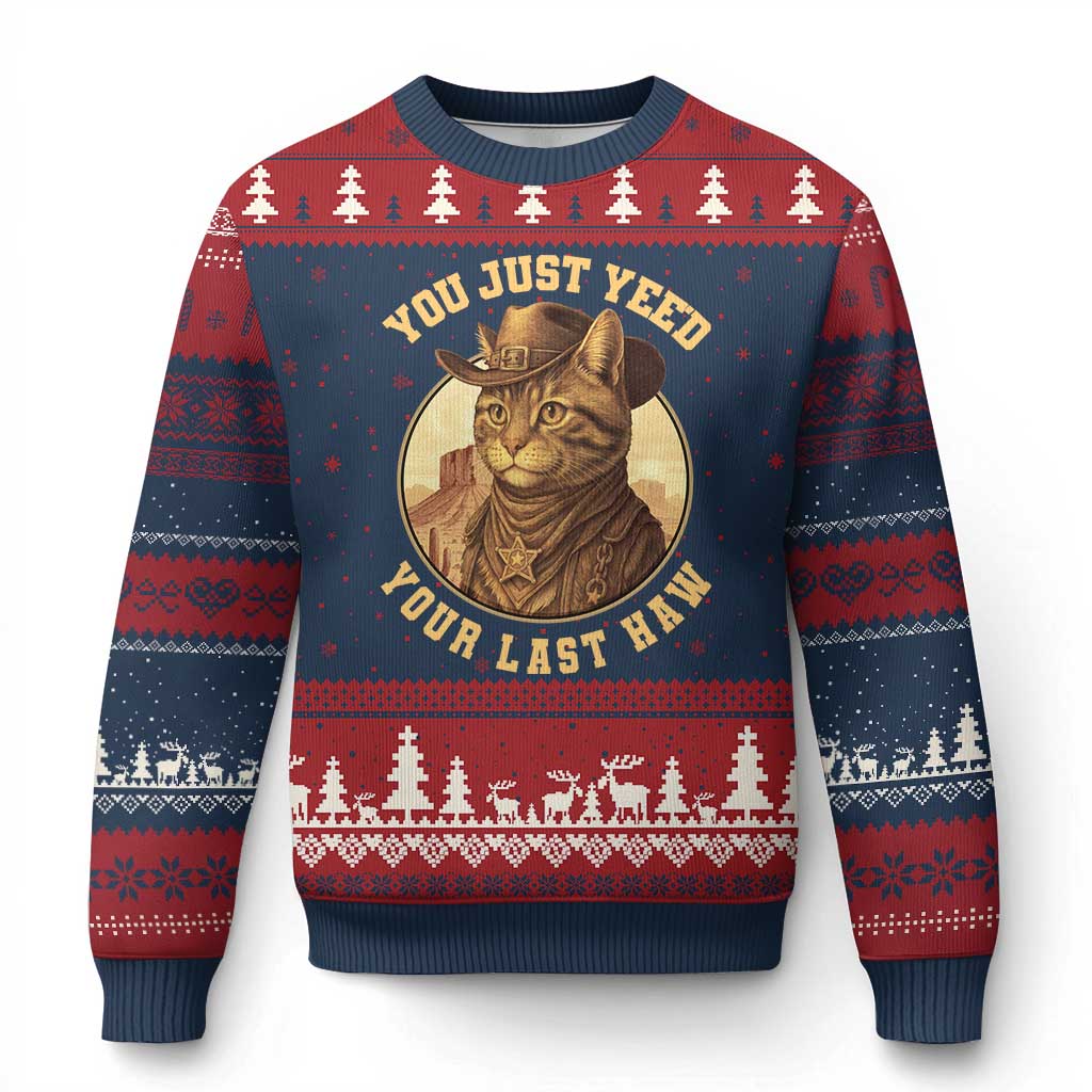 Cowboy Cat Ugly Christmas Sweater You Just Yeehaw Your Last Haw TS14 Navy Red Print Your Wear