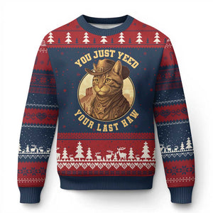 Cowboy Cat Ugly Christmas Sweater You Just Yeehaw Your Last Haw TS14 Navy Red Print Your Wear
