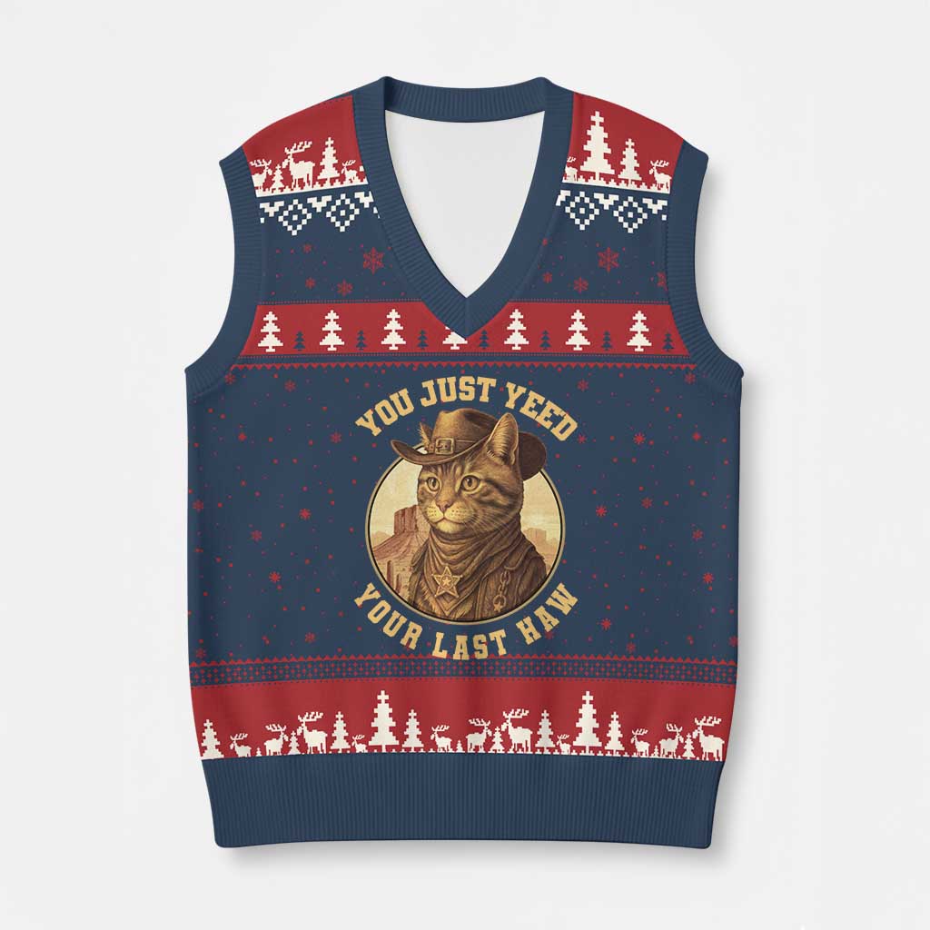 Cowboy Cat V-Neck Knit Sweater Vest You Just Yeehaw Your Last Haw TS14 Navy Red Print Your Wear