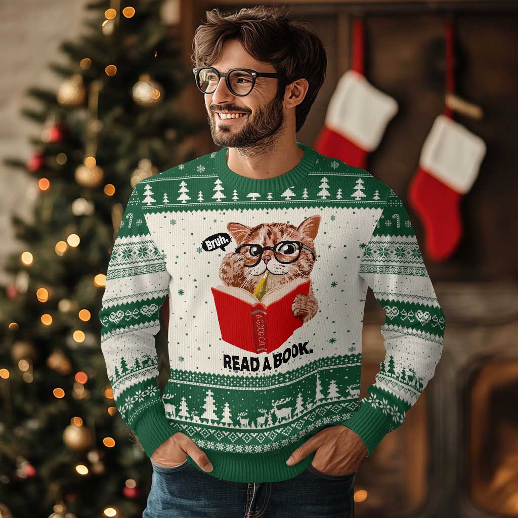 Funny Cat Reading Ugly Christmas Sweater Book Lover TS14 Beige Green Print Your Wear