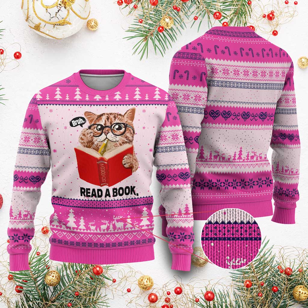 Funny Cat Reading Ugly Christmas Sweater Book Lover TS14 Hot Pink Print Your Wear