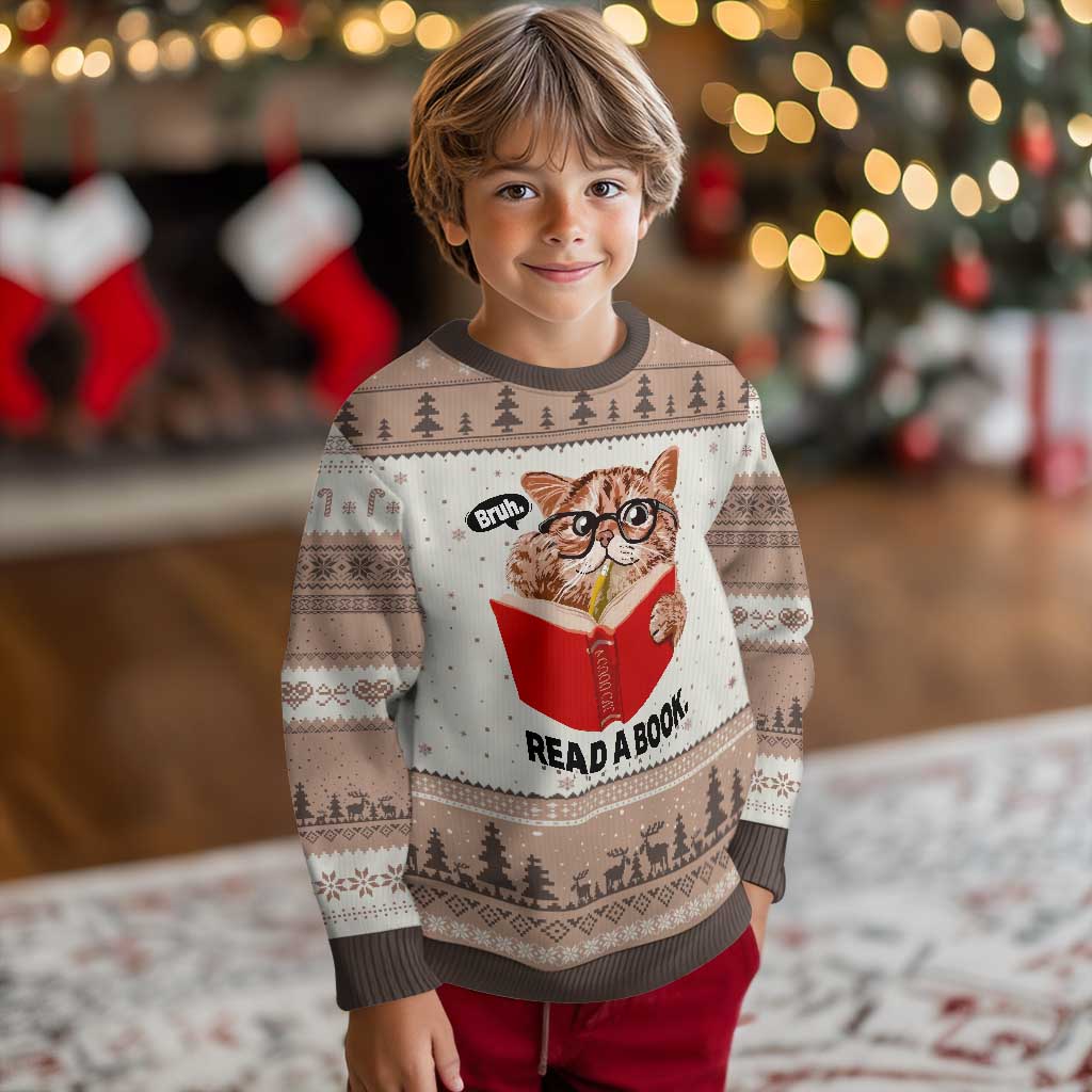 Funny Cat Reading Ugly Christmas Sweater Book Lover TS14 Mocha Mousse Print Your Wear