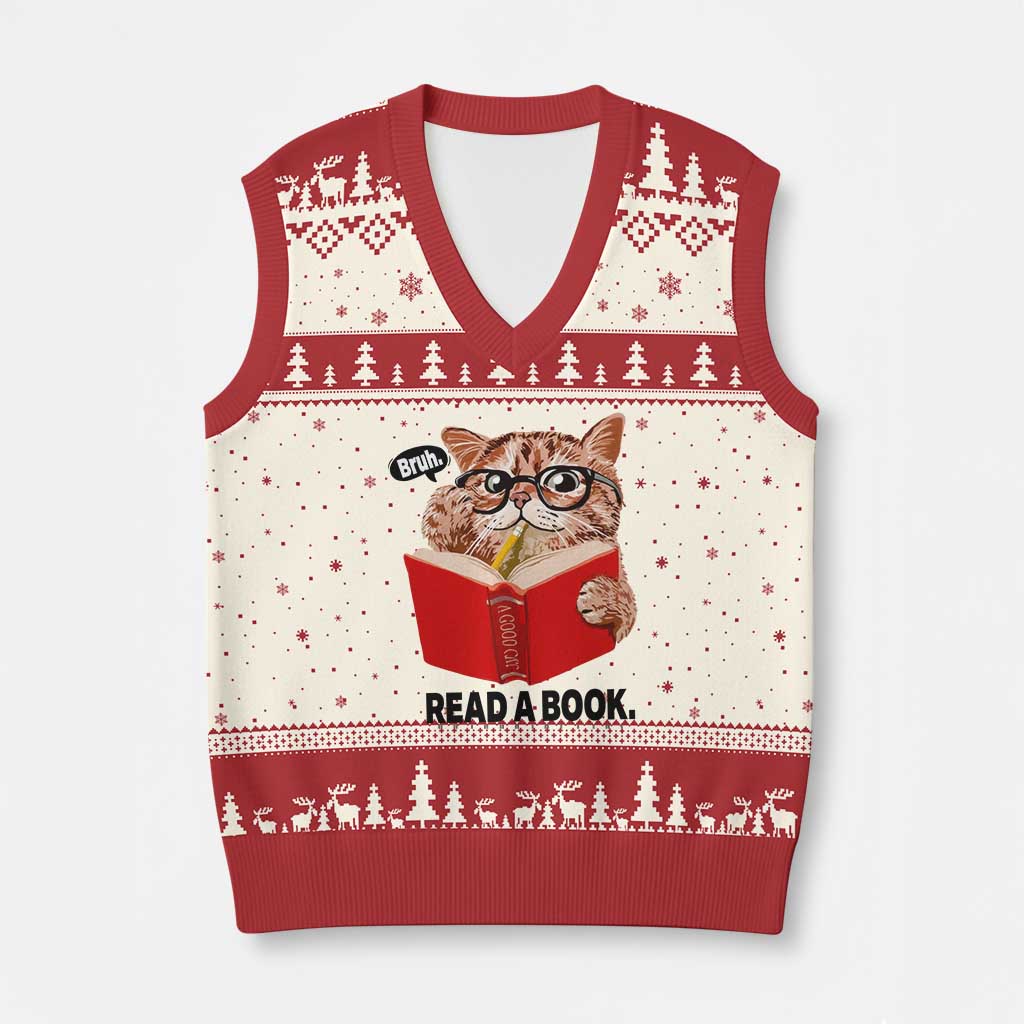 Funny Cat Reading V-Neck Knit Sweater Vest Book Lover TS14 Beige Red Print Your Wear