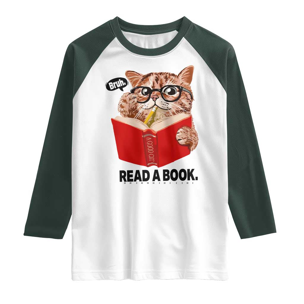 Funny Cat Reading Raglan Shirt Book Lover TS14 White Dark Forest Green Print Your Wear