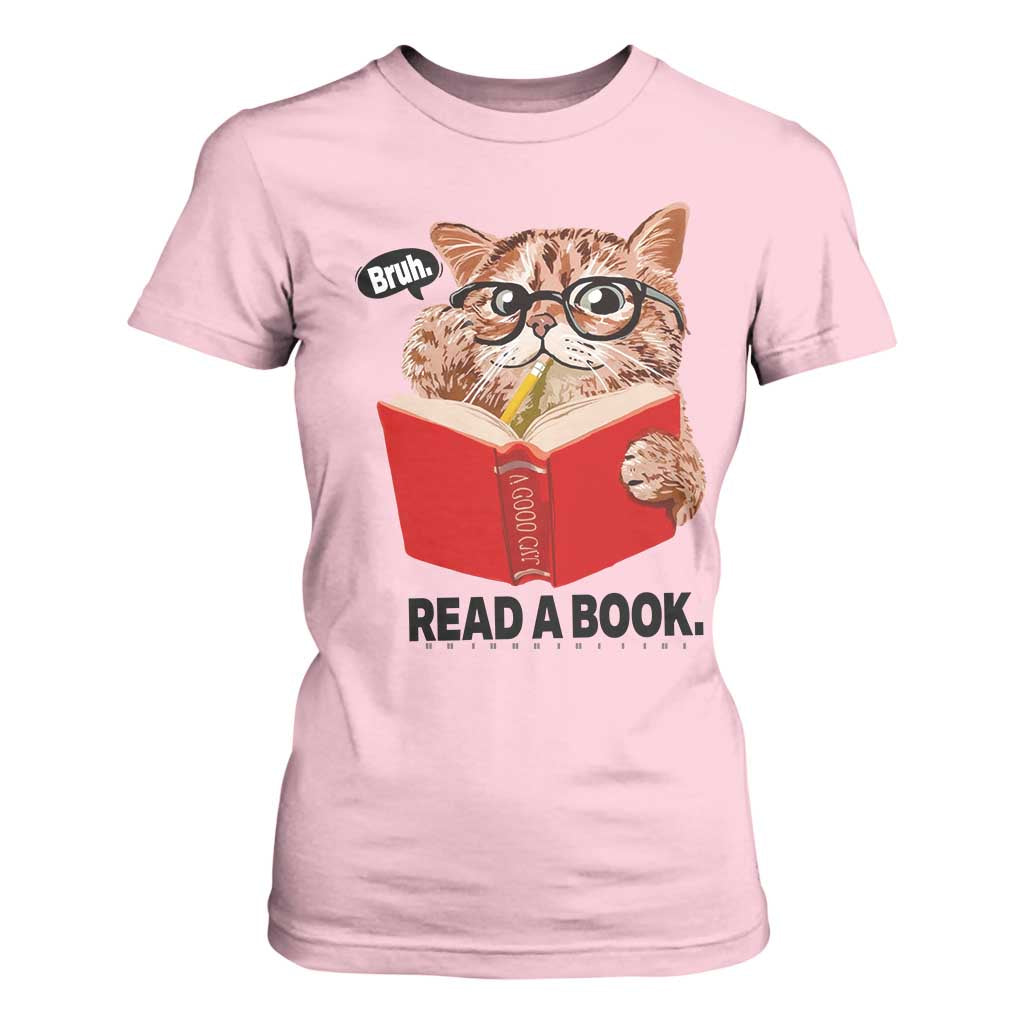 Funny Cat Reading T Shirt For Women Book Lover TS14 Light Pink Print Your Wear