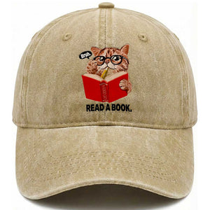 Funny Cat Reading Washed Cotton Baseball Cap Book Lover TS14 Washed Cap Universal Fit Khaki Print Your Wear