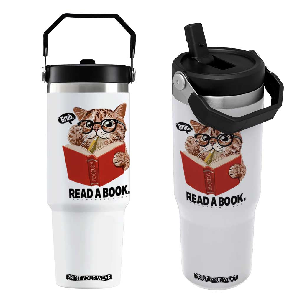 Funny Cat Reading Flip Straw Tumbler Book Lover TS14 One Size: 30 oz White Print Your Wear