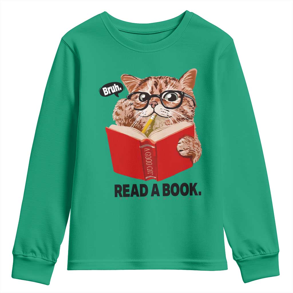 Funny Cat Reading Youth Sweatshirt Book Lover TS14 Irish Green Print Your Wear
