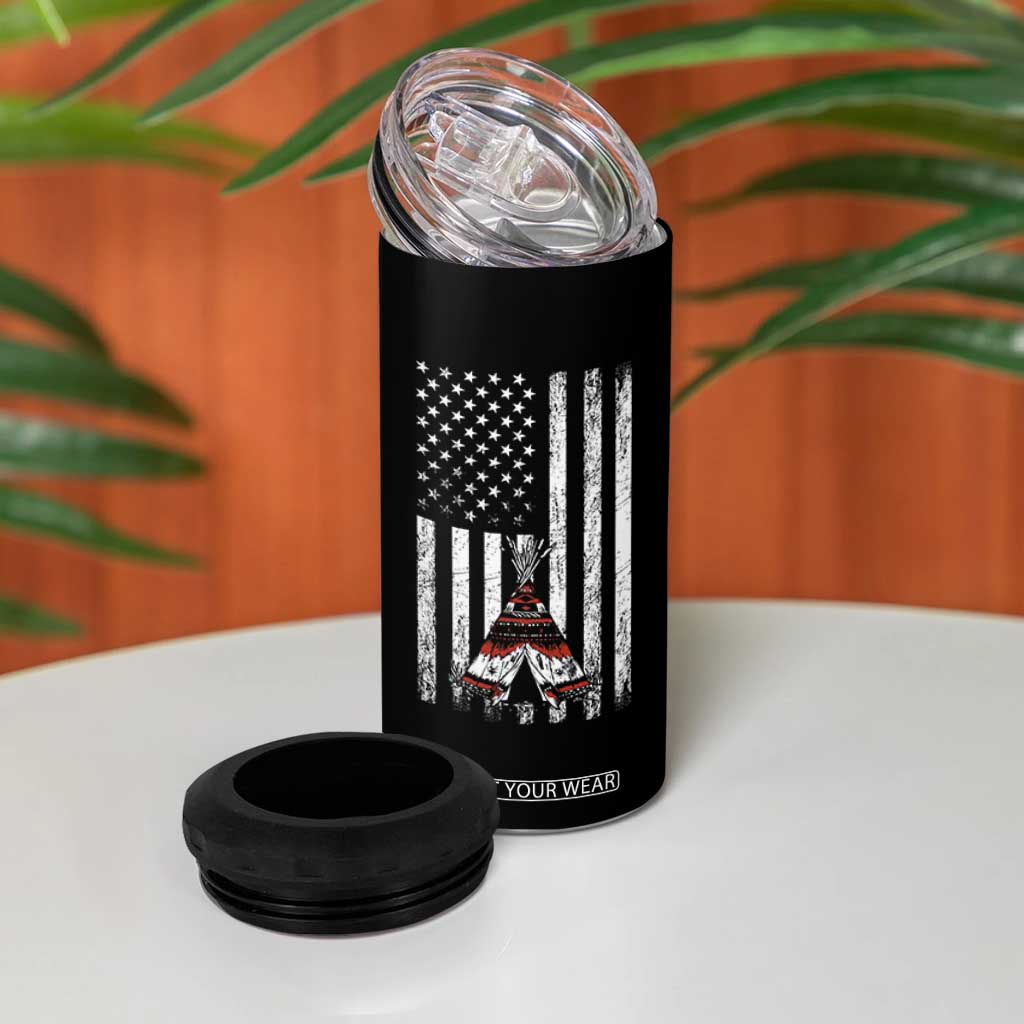 Teepee Pocket Native American 4 in 1 Can Cooler Tumbler American Flag Native Feather Pride Month Indigenous