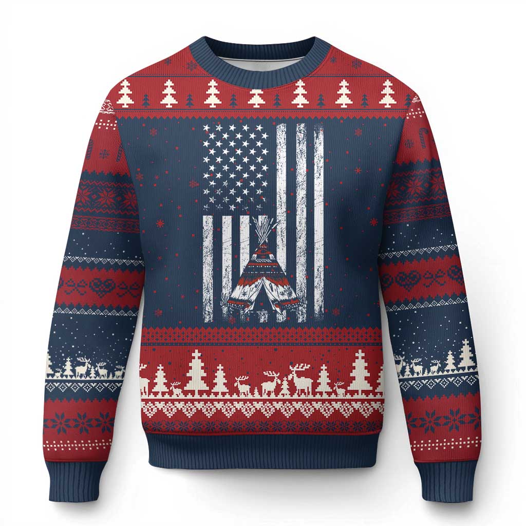 Teepee Pocket Native American Ugly Christmas Sweater American Flag Native Feather Pride Month Indigenous TS14 Navy Red Print Your Wear