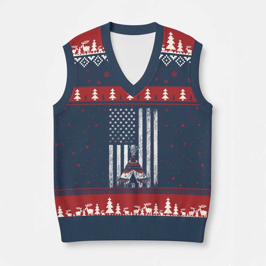 Teepee Pocket Native American V-Neck Knit Sweater Vest American Flag Native Feather Pride Month Indigenous TS14 Navy Red Print Your Wear
