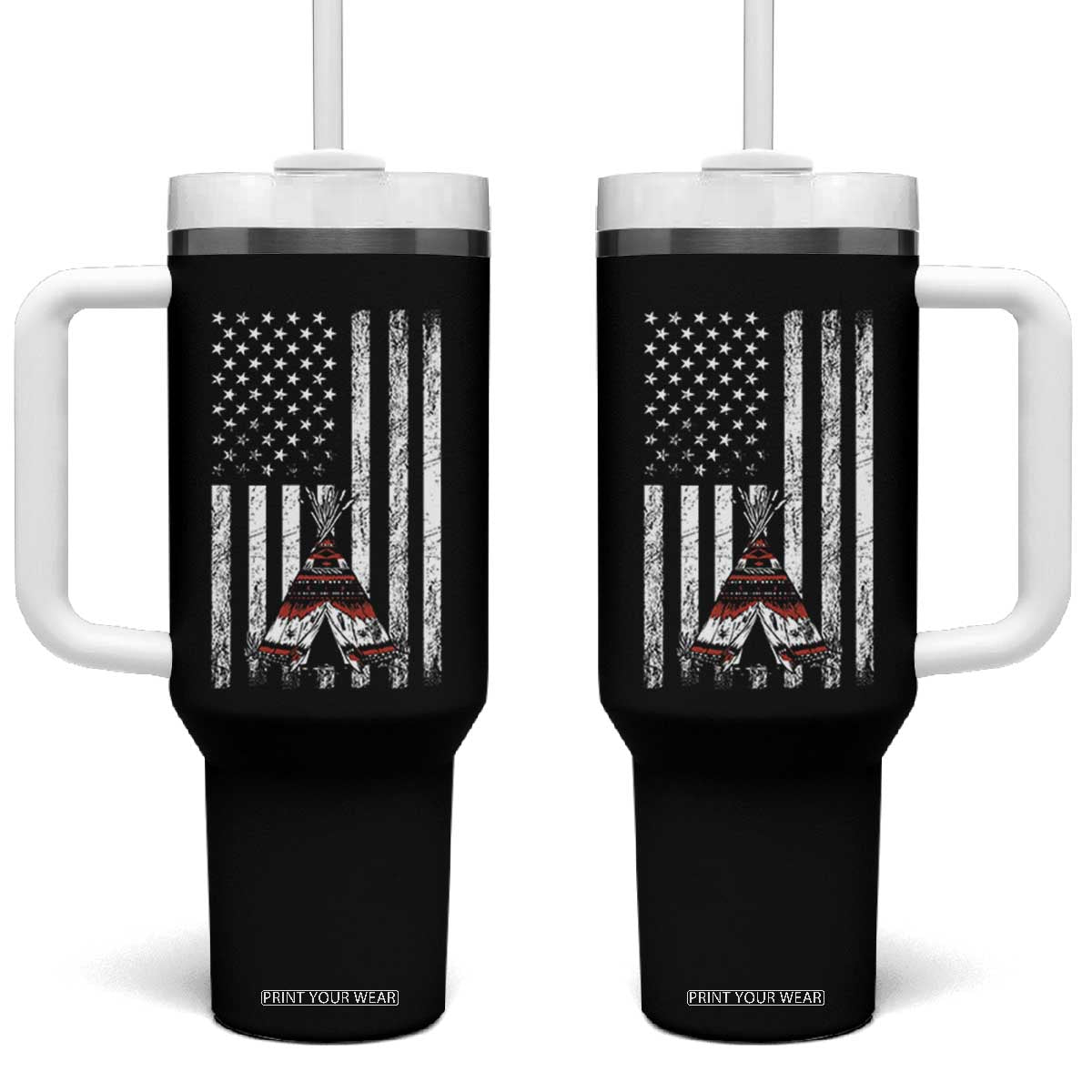 Teepee Pocket Native American Tumbler With Handle American Flag Native Feather Pride Month Indigenous