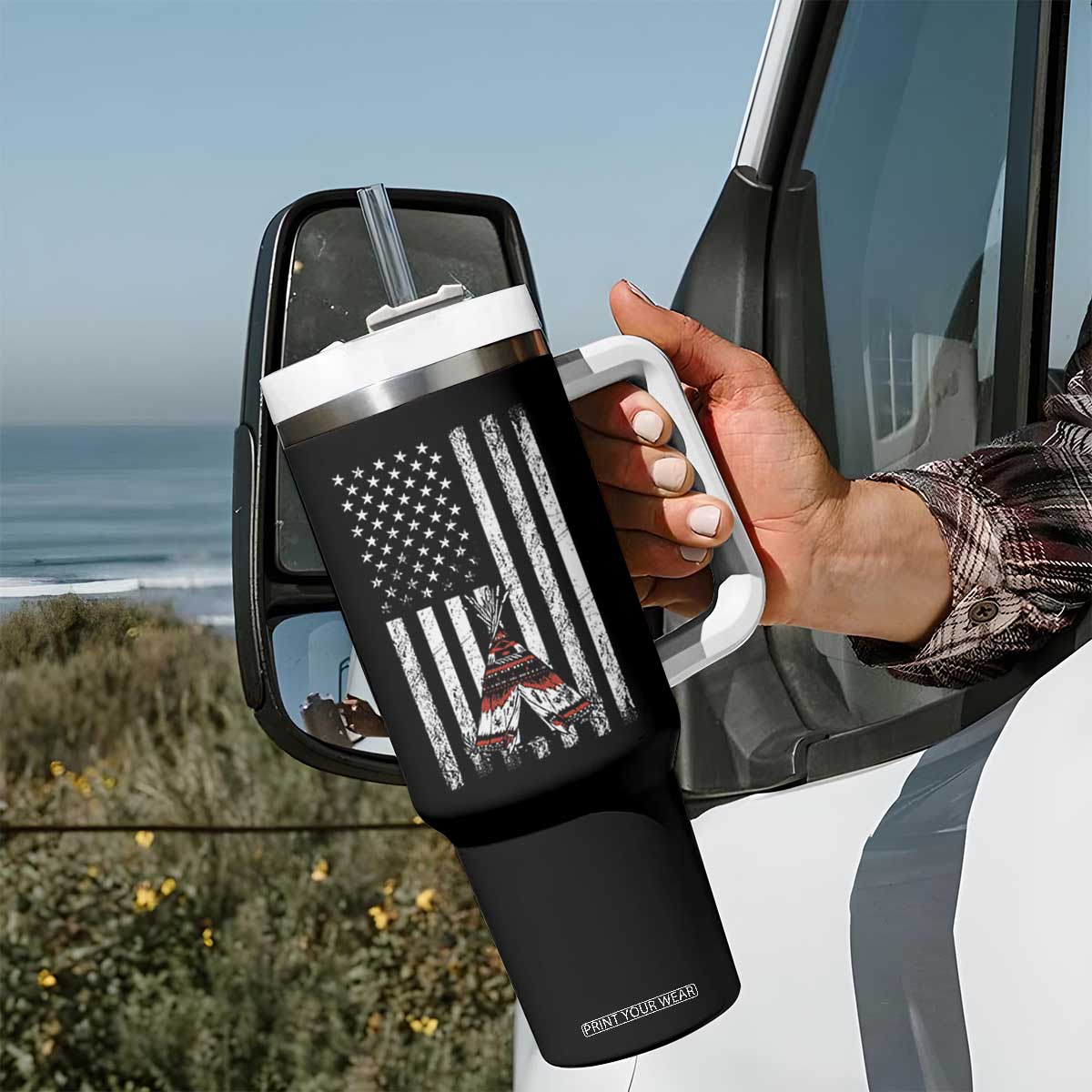 Teepee Pocket Native American Tumbler With Handle American Flag Native Feather Pride Month Indigenous
