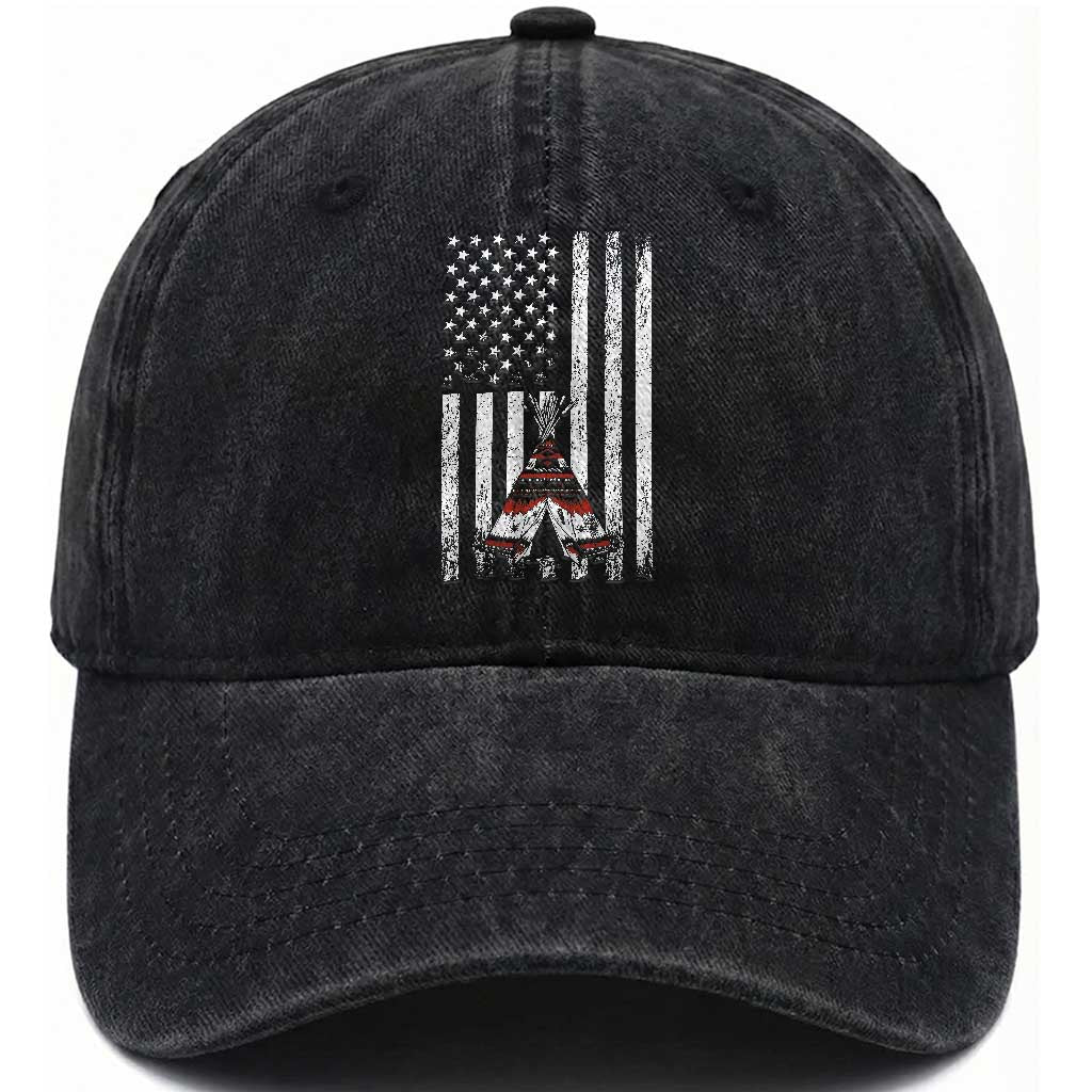 Teepee Pocket Native American Washed Cotton Baseball Cap American Flag Native Feather Pride Month Indigenous TS14 Print Your Wear