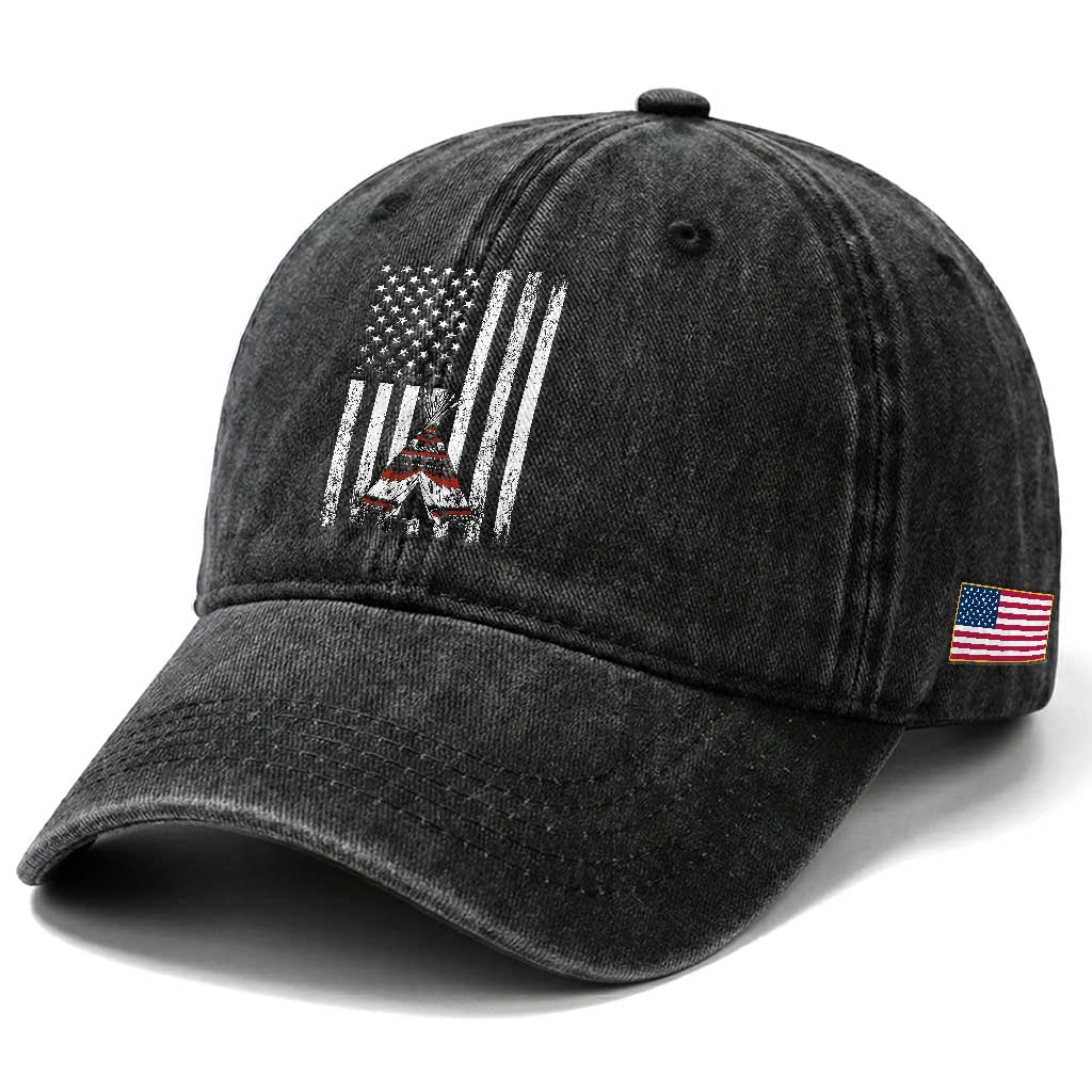 Teepee Pocket Native American Washed Cotton Baseball Cap American Flag Native Feather Pride Month Indigenous