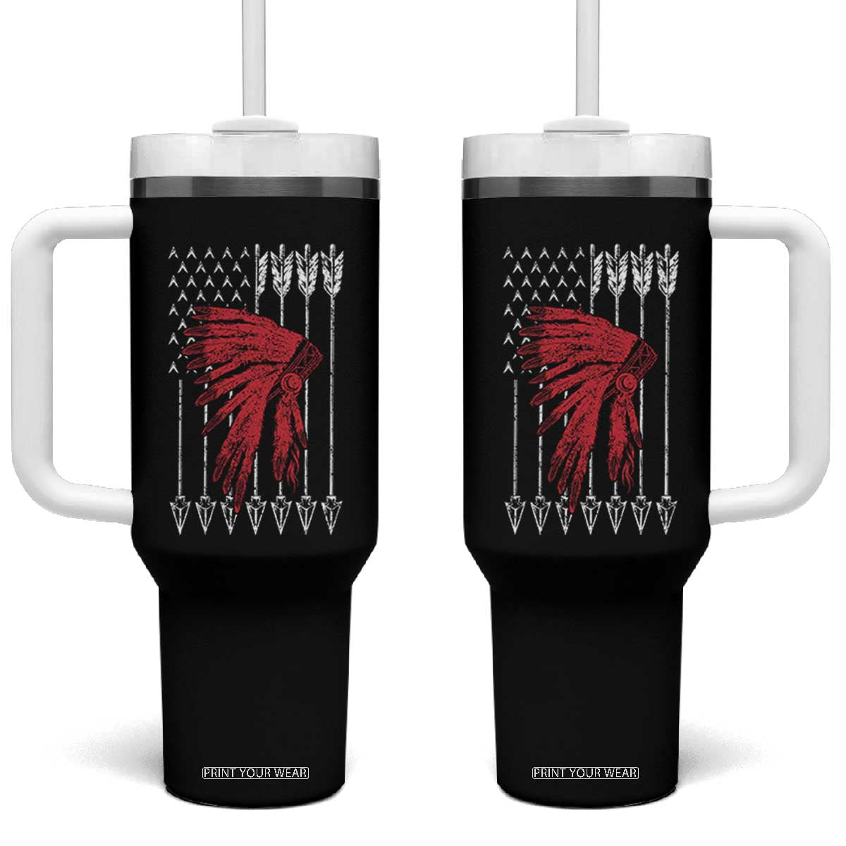Native American Teepee American Flag Tumbler With Handle TS14 One Size: 40 oz Black Print Your Wear