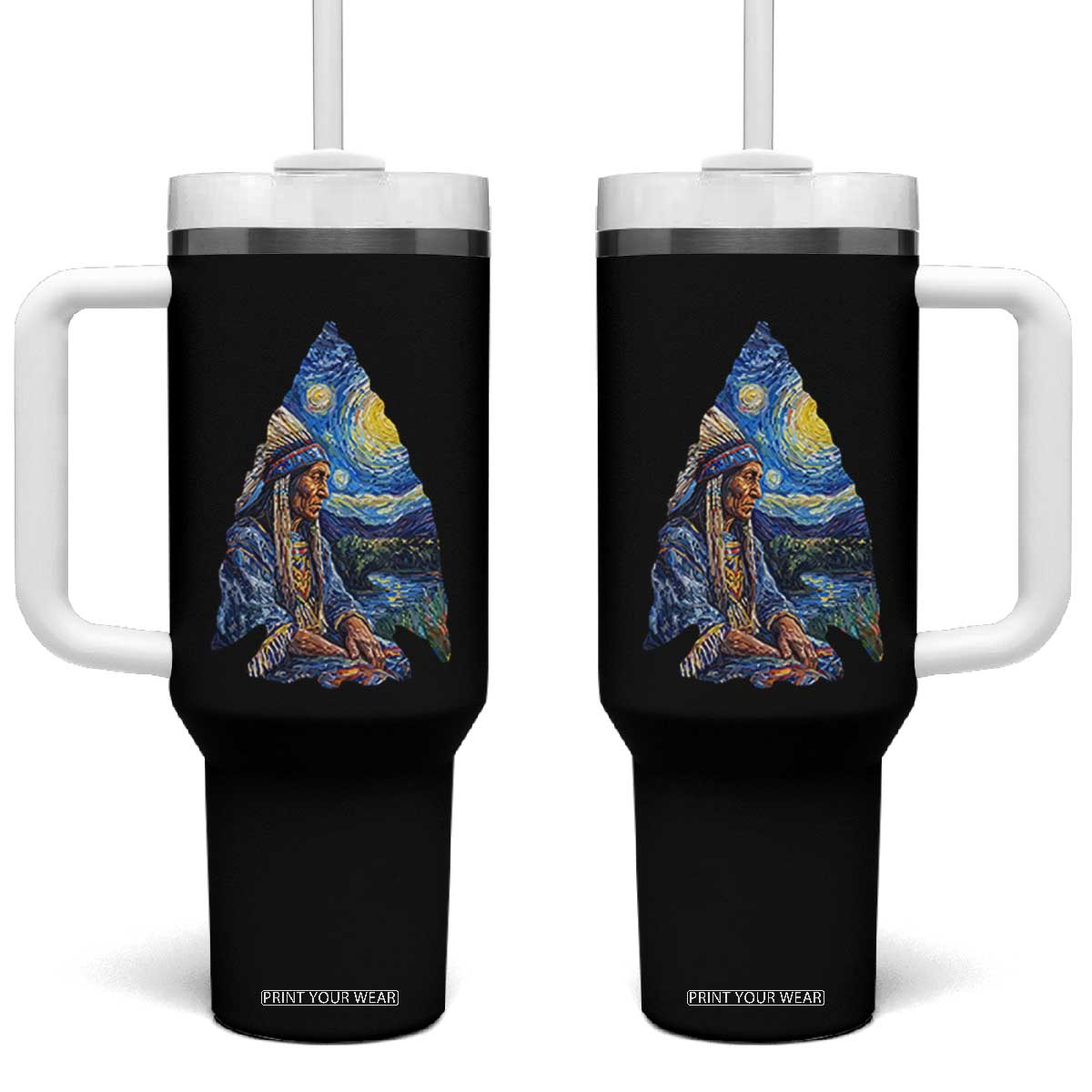 Native American Arrowhead Hunter Starry Night Tumbler With Handle