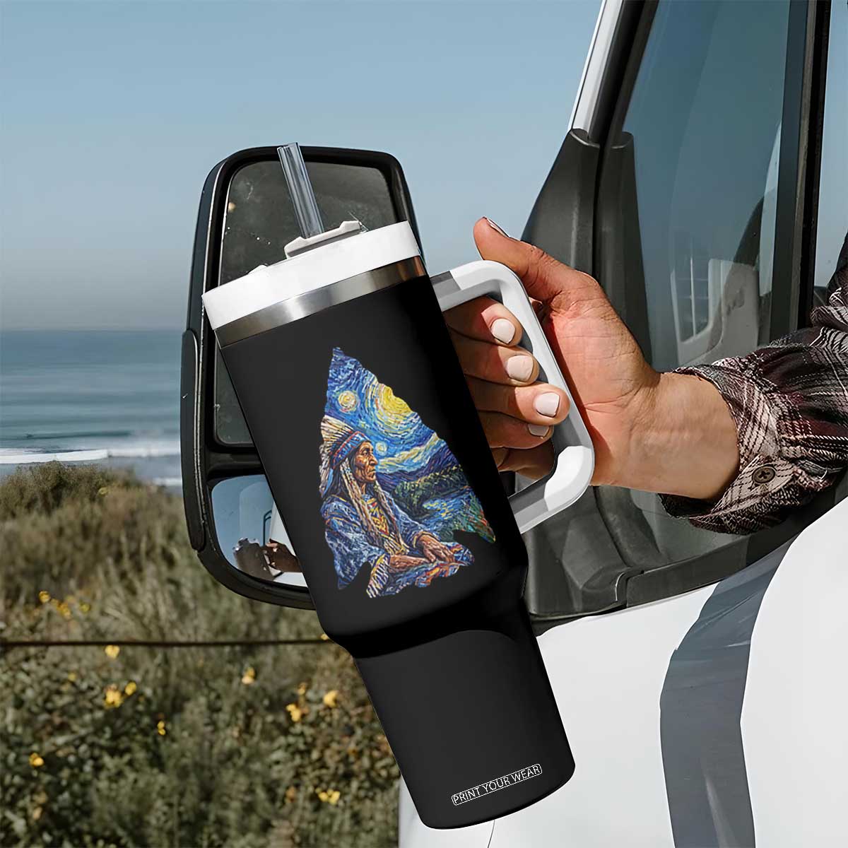 Native American Arrowhead Hunter Starry Night Tumbler With Handle