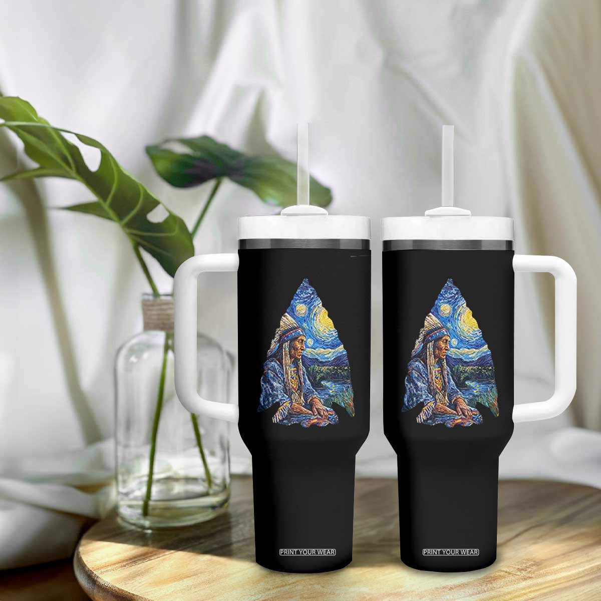 Native American Arrowhead Hunter Starry Night Tumbler With Handle